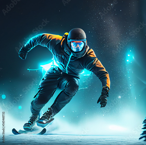 Male sportsman on snowboard in motion. Illustration Generative AI