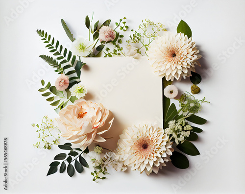 White empty frame beautiful gorgeous flowers arrangement on white background. Illustration Generative AI