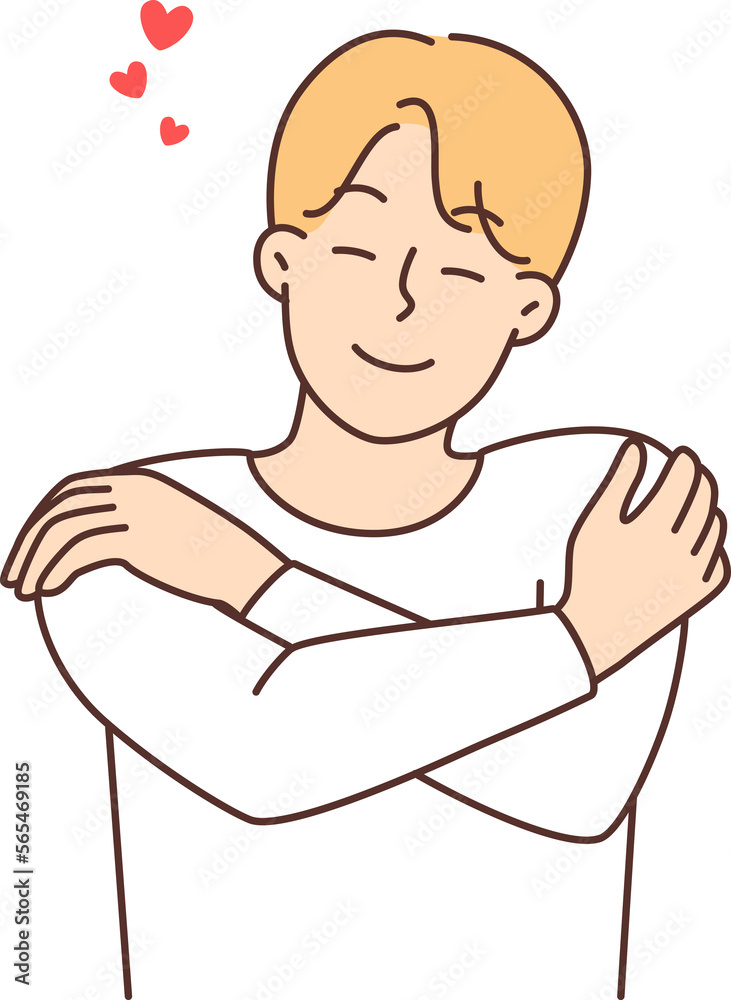 Smiling man hug himself show self-love Smiling man hug himself show self-love