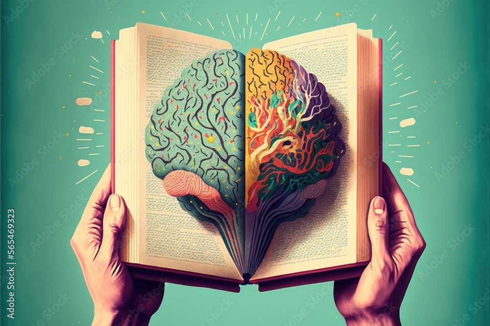Human brain on a book and color background . Minimal abstract concept of school, culture, intelligence, reading or education. Charger for brain idea. Generative AI - obrazy, fototapety, plakaty 