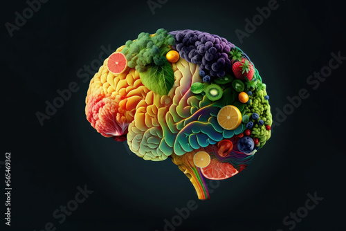 Food in a shape of a brain on dark background. Nutrition concept. Generative AI