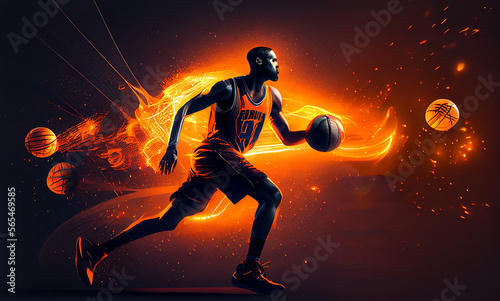 Basketball player with basketball orange ball in motion. Illustration Generat...