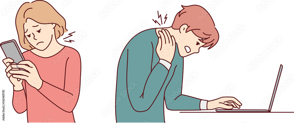 People working on gadgets suffer from backache People working on gadgets suffer from backache