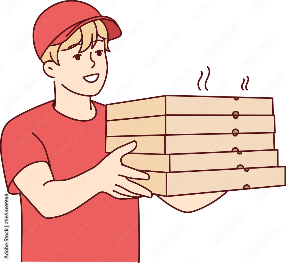 Smiling deliveryman with pizza boxes