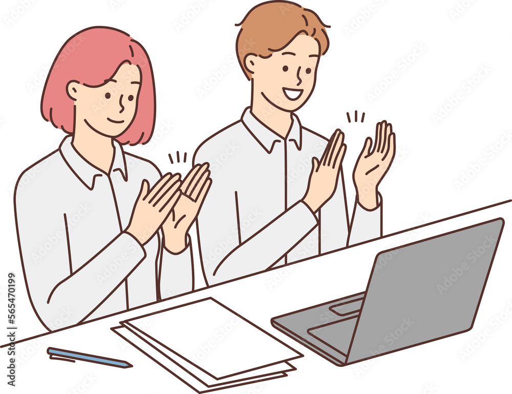 Smiling businesspeople watch online conference applaud Smiling businesspeople watch online conference applaud