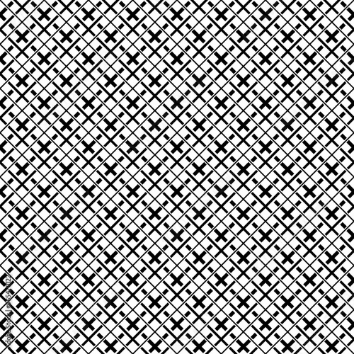Seamless surface pattern with ethnic ornament. Black crossed diagonal stripes grill on white background. Crosses, strokes, diamonds and stripes motif. Geometric wallpaper. Digital paper, print. Vector