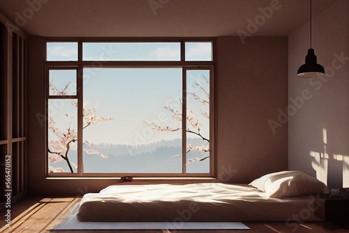 Luxurious Cozy Japandi Minimal Modern Primary Bedroom Interior with cherry blossom views large windows with staged furniture made with Generative Ai 