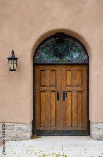 Church door on adobe style building in the southwest
