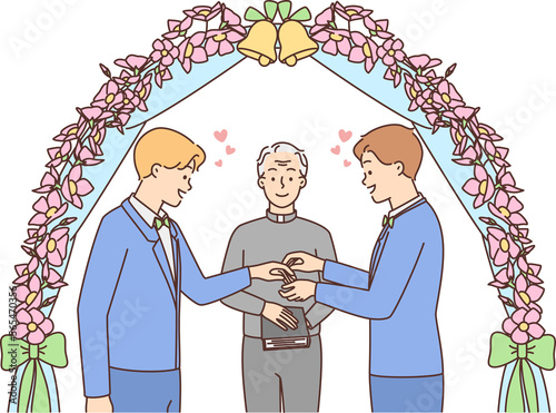 gay couple wedding ceremony, blue suits, pink flowers clip art preview