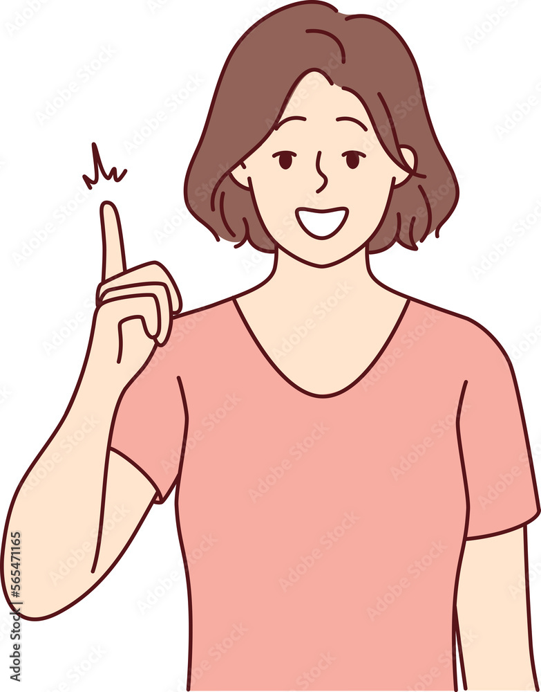 Smiling woman point up with finger Smiling woman point up with finger