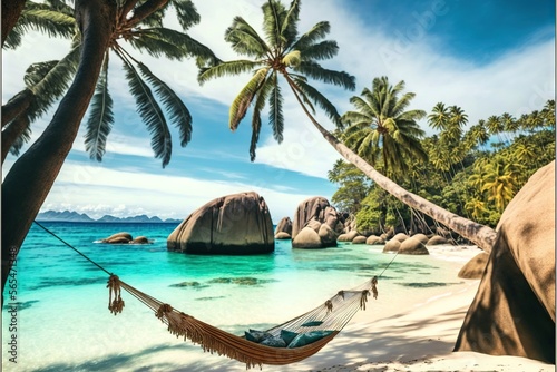  a hammock hanging from a palm tree on a beach with a rock in the background and a hammock in the foreground. generative ai