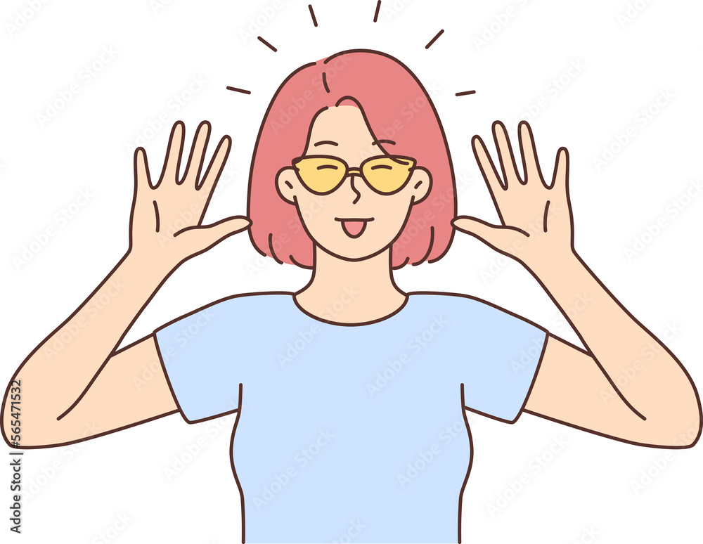Smiling woman show funny face expression Smiling woman show funny face expression