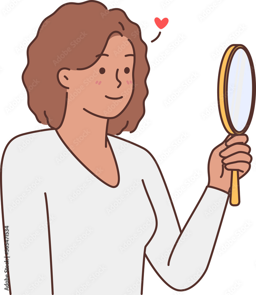 Smiling black woman look in mirror loving reflection Smiling black woman look in mirror loving reflection