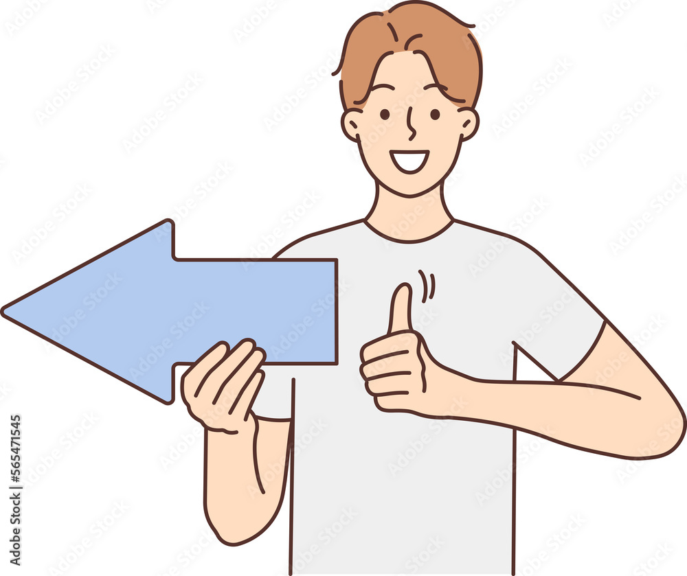 Smiling man with direction sign show thumb up Smiling man with direction sign show thumb up