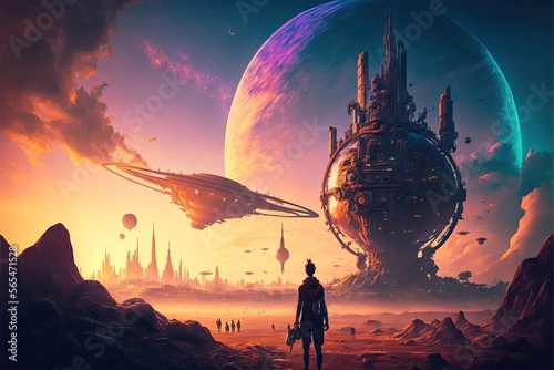 Fototapeta Naklejka Na Ścianę i Meble -  Wall art, wallpaper frame art, digital art style, comic style, outer worlds scenario, spaceship, harvesting silo, woman looking at city, scifi, background, AI generated art