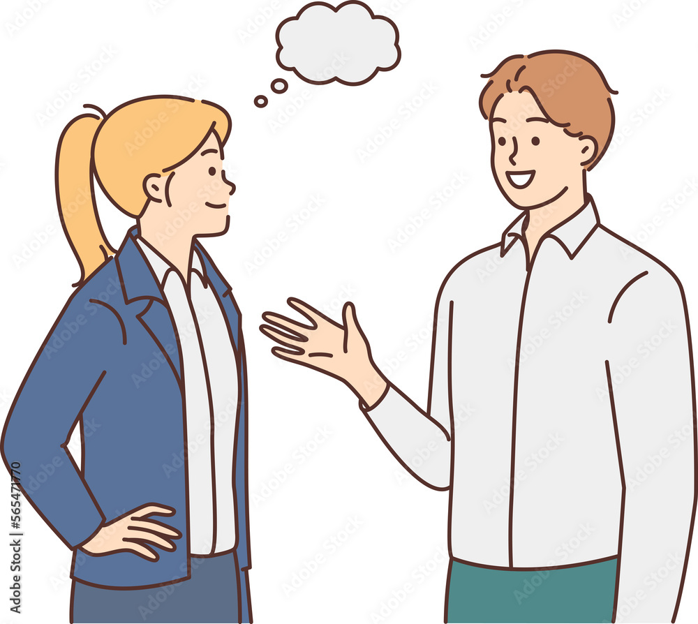 Smiling employees talking discussing ideas Smiling employees talking discussing ideas