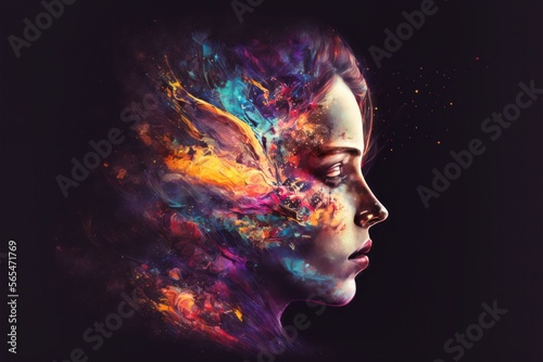 beautiful fantasy abstract portrait of a beautiful woman double exposure with a colorful digital paint splash or space nebula generative AI