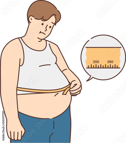 Unhappy fat man measure belly with tape