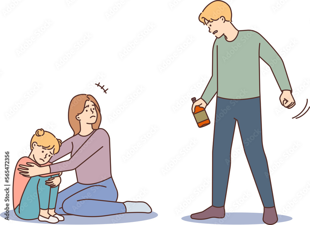 Scared mother protect child from drunk father