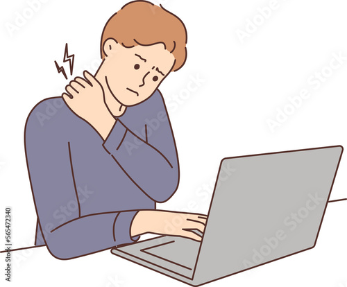 Valokuva Tired man suffer from backache working on computer