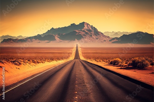  a long road stretches into the distance with a mountain in the background and a yellow sky in the background with a few clouds in the distance.  generative ai