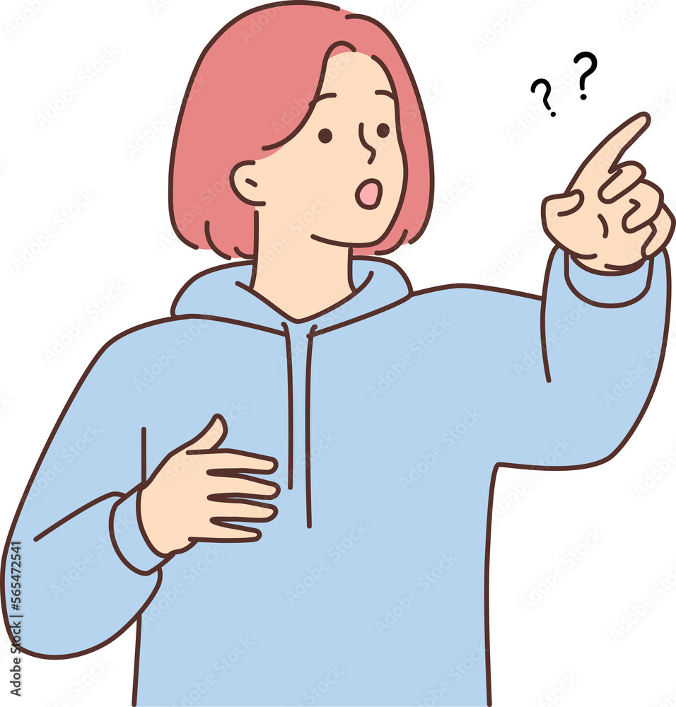 Frustrated girl point with finger at something Frustrated girl point with finger at something
