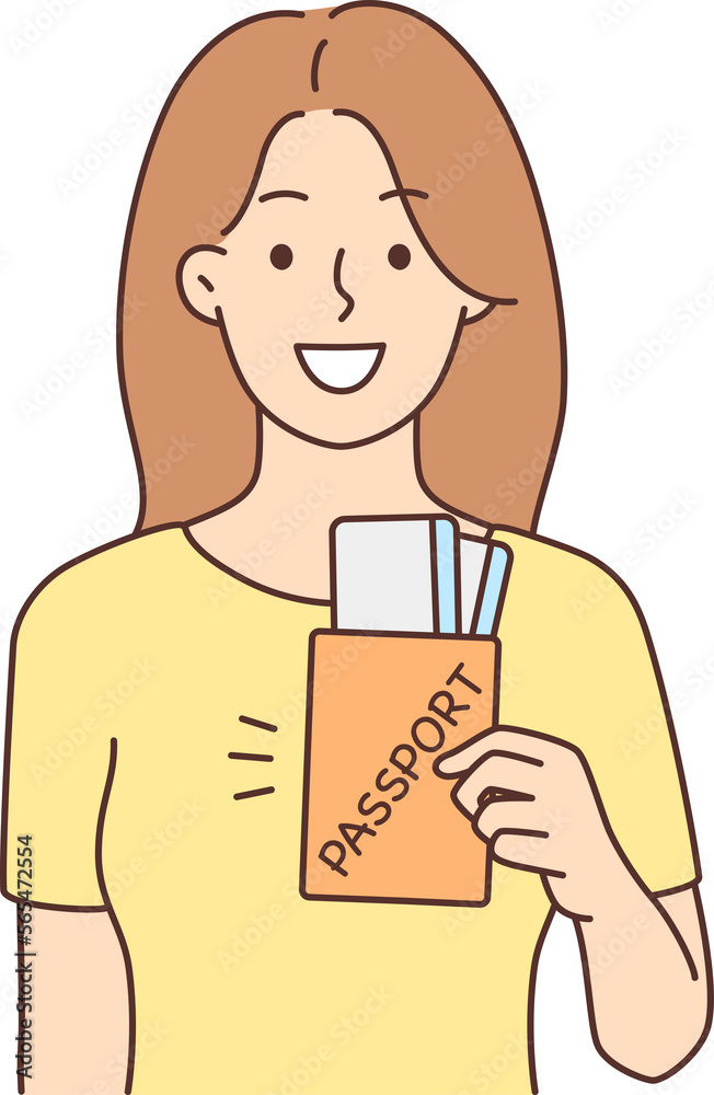 Smiling woman with passport excited with travel Smiling woman with passport excited with travel