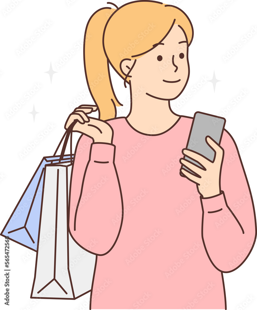 Happy woman with cellphone and shopping bags Happy woman with cellphone and shopping bags