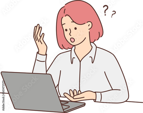 Woman look at laptop screen confused with problem