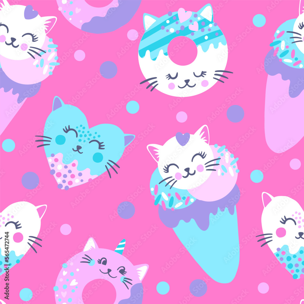Fashion abstract seamless pattern with cat donuts. Cool background on cute style for girl