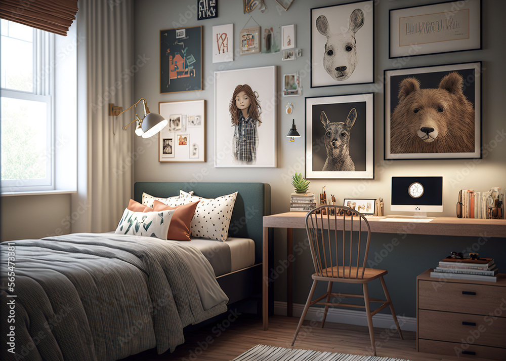 Obraz premium a bedroom with a bed, desk, and pictures on the wall above it and a chair in front of the bed and a desk with a computer on it. generative ai