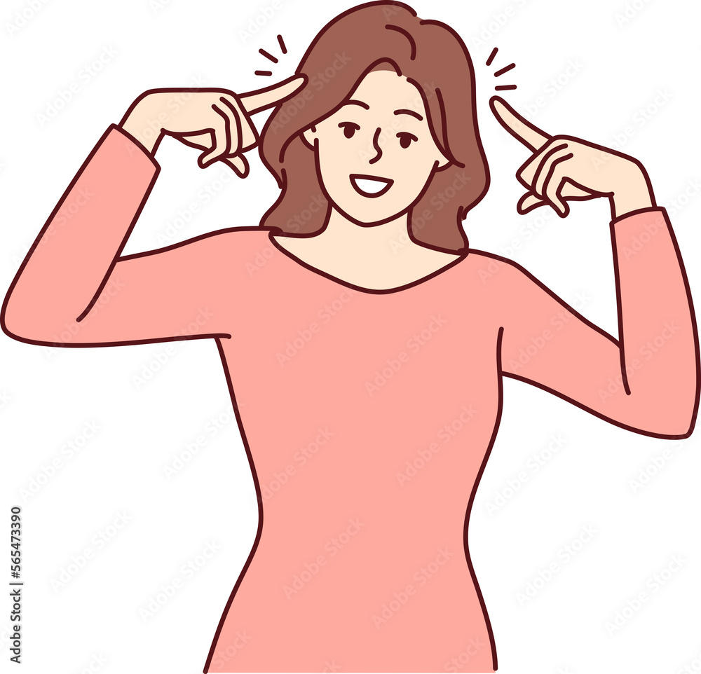Smiling woman point at head Smiling woman point at head