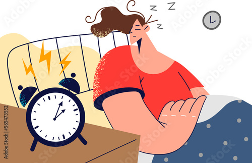 Slika na platnu Sleepy woman awaken to alarm
