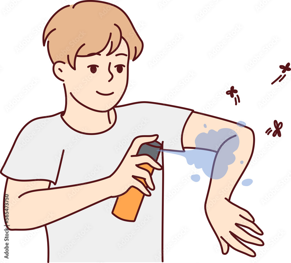 Man apply anti-mosquito spray on arm