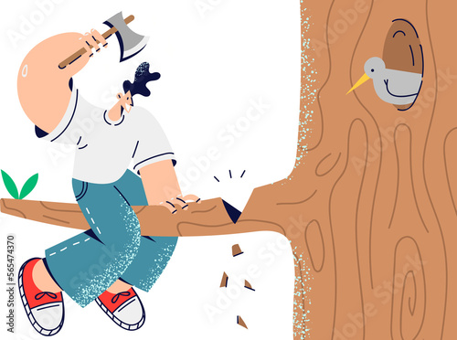 Stupid man cutting branch on which he sit