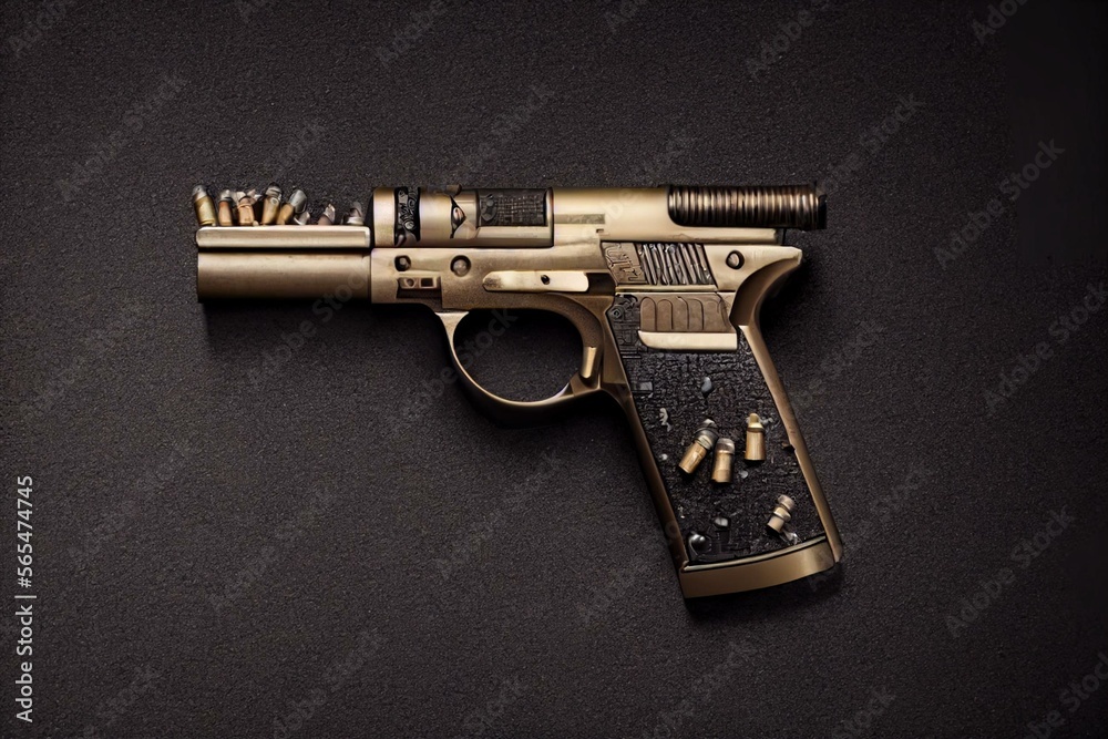 Pebble Gun Bullets Hand gun with ammunition on dark stone background. 9 mm pistol gun ...