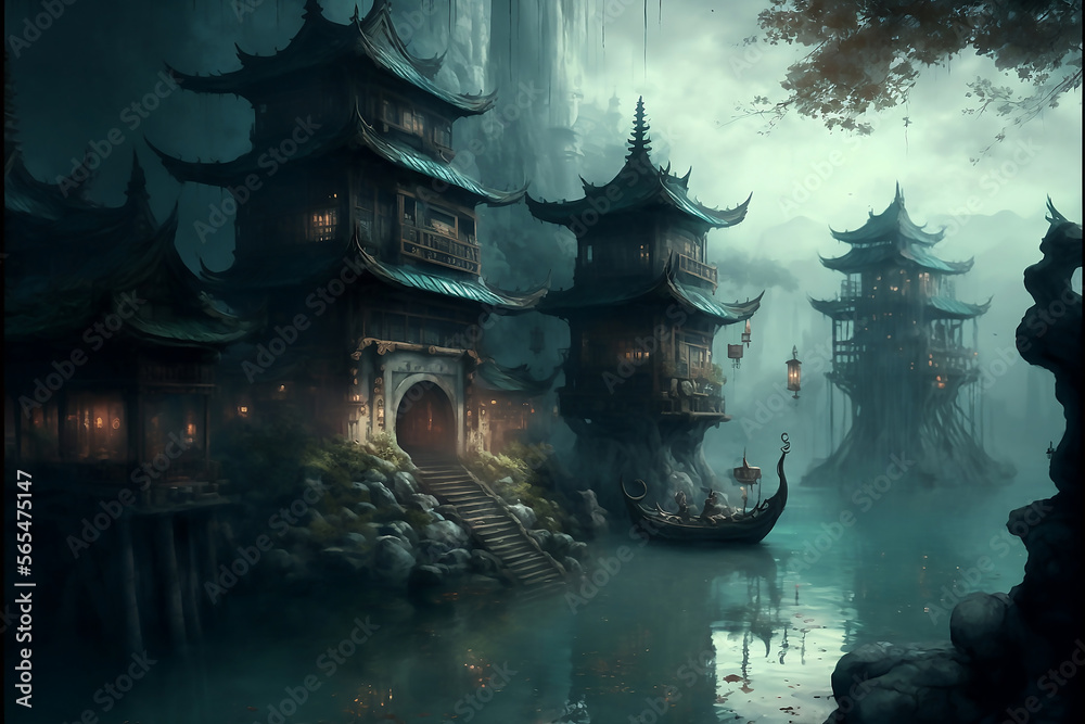 Obraz premium A floating village in ancient japan digital art