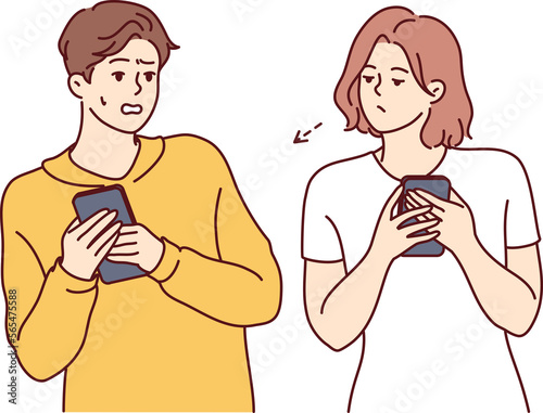 Man hides mobile phone from curious woman peeping and exploding in private space. Vector image