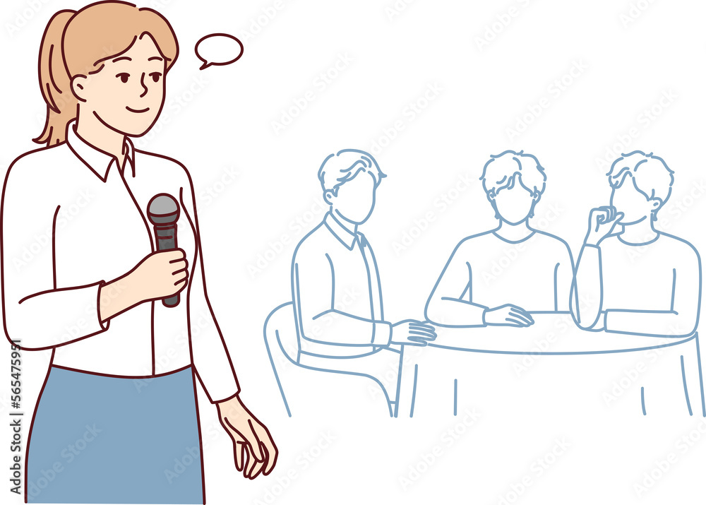 Woman with microphone host on quiz where teams compete by answering questions. Vector image Woman with microphone host on quiz where teams compete by answering questions. Vector image
