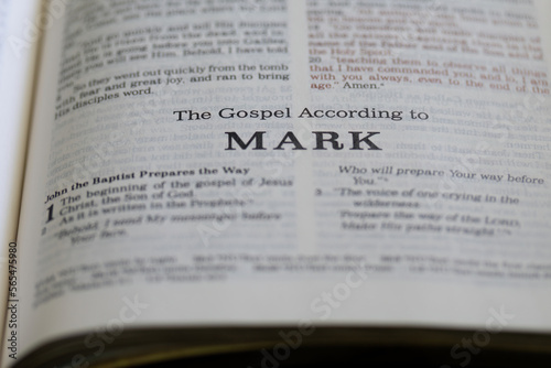 Fotografia title page from the book of Mark in the bible for faith, christian, hebrew, isra