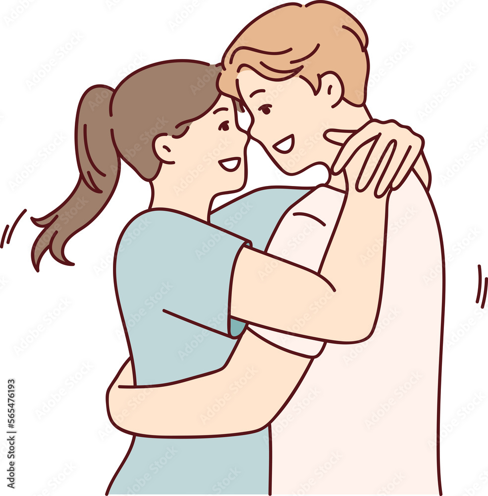 Man and woman in love embrace after long separation, rejoicing at long-awaited date. Vector image