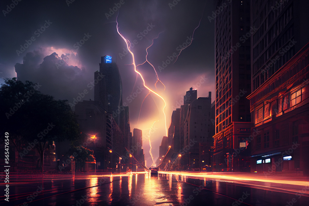 Gewitter mit einem Blitz und dramatischen Wolkenhimmel über einer Stadt - Generative Ai