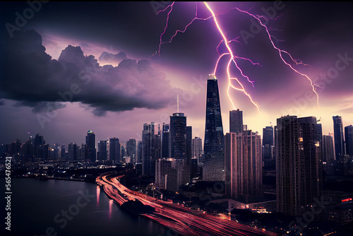 Gewitter mit einem Blitz und dramatischen Wolkenhimmel   ber einer Stadt - Generative Ai