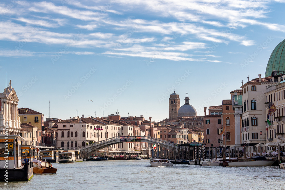 Ponte degli Scalzi (Scalzi Bridge) seen from the steps of railway station during summertime in Venice, Italy.