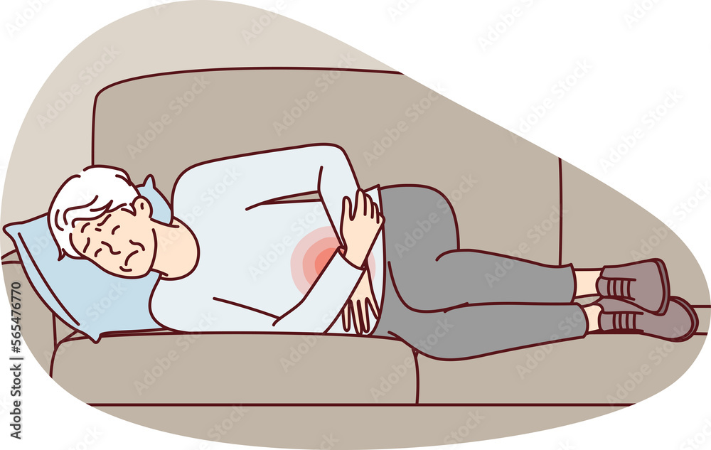 Obraz premium Elderly man lies on couch is experiencing pain in stomach and weakness after poisoning. Vector image