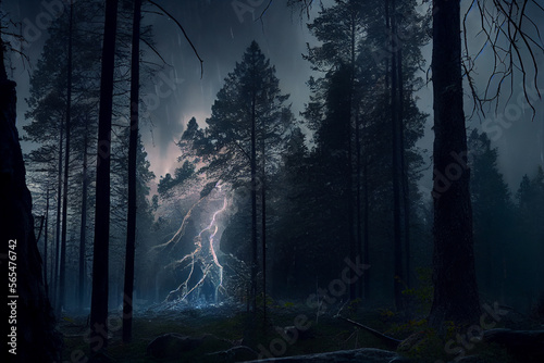 Gewitter mit einem Blitz und dramatischen Wolkenhimmel über einen Wald - Generative Ai