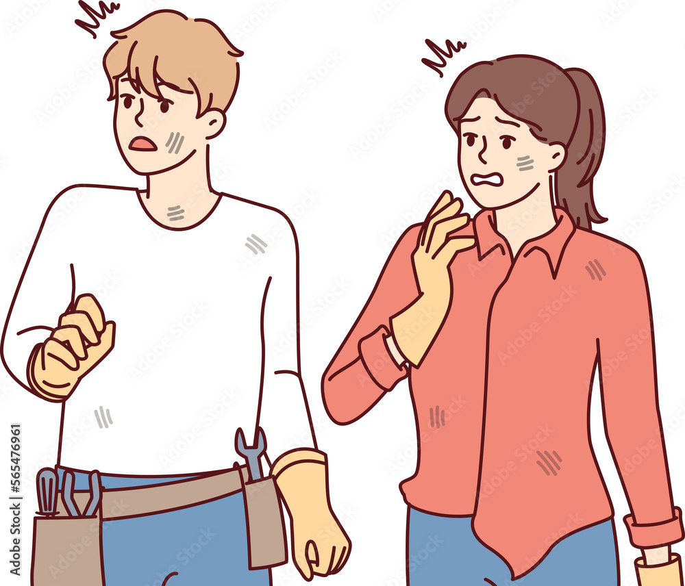 Frightened man with repair tools and woman in dirty clothes discouraged looking away. Vector image Frightened man with repair tools and woman in dirty clothes discouraged looking away. Vector image