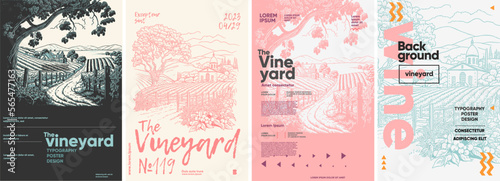 Nature. Landscape vineyard and farm. European landscape. Typography posters design. Simple pencil drawing. Set of flat vector illustrations. Print, banner, label, cover or t-shirt.