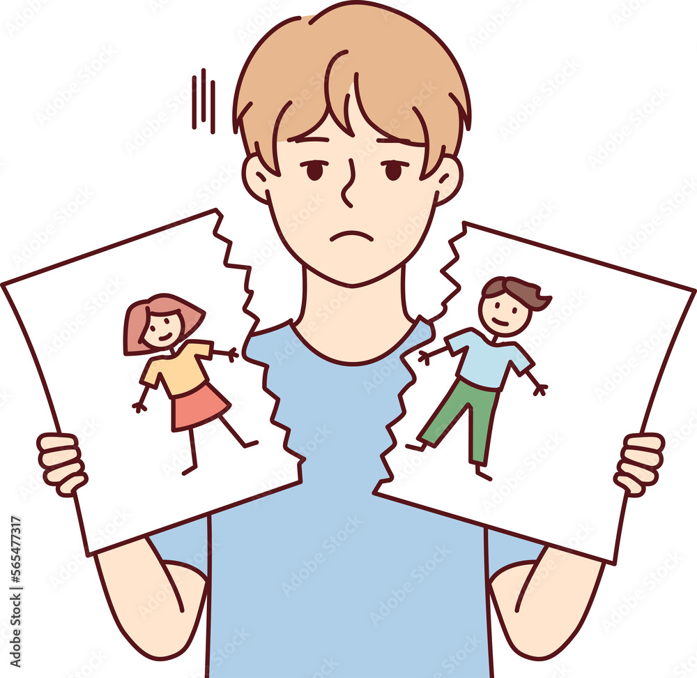 Sad boy after school quarrel or conflict tears up self-drawn portrait. Vector image Sad boy after school quarrel or conflict tears up self-drawn portrait. Vector image
