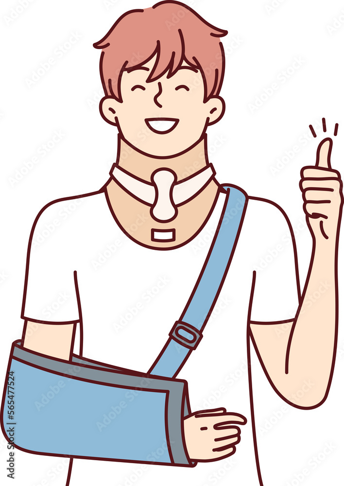 Positive young guy with broken arm and orthopedic collar shows thumb up. Vector image